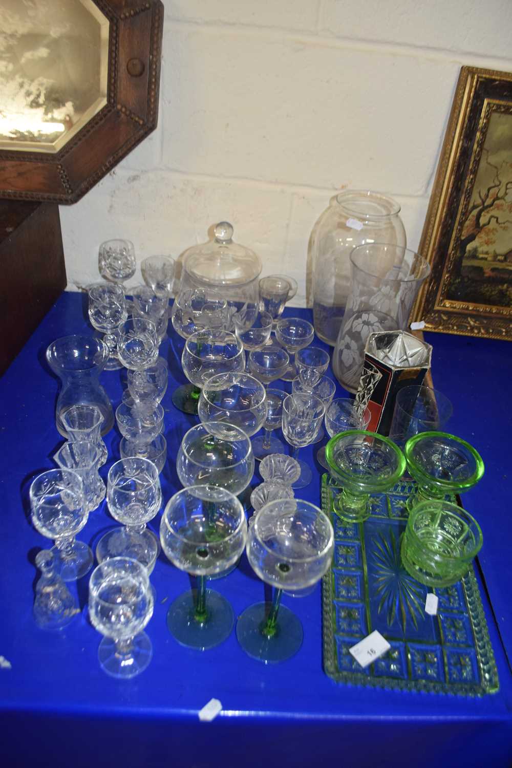 Mixed Lot: Various assorted drinking glasses, glass vase, glass dressing table set and other items