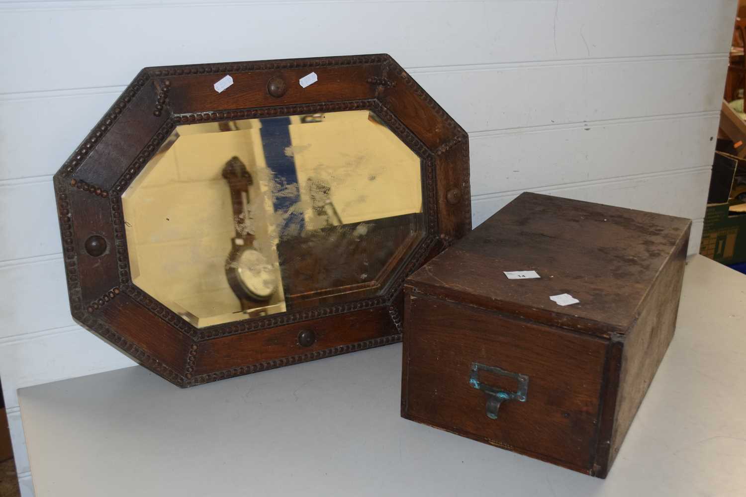 Octagonal oak framed wall mirror and card filing case