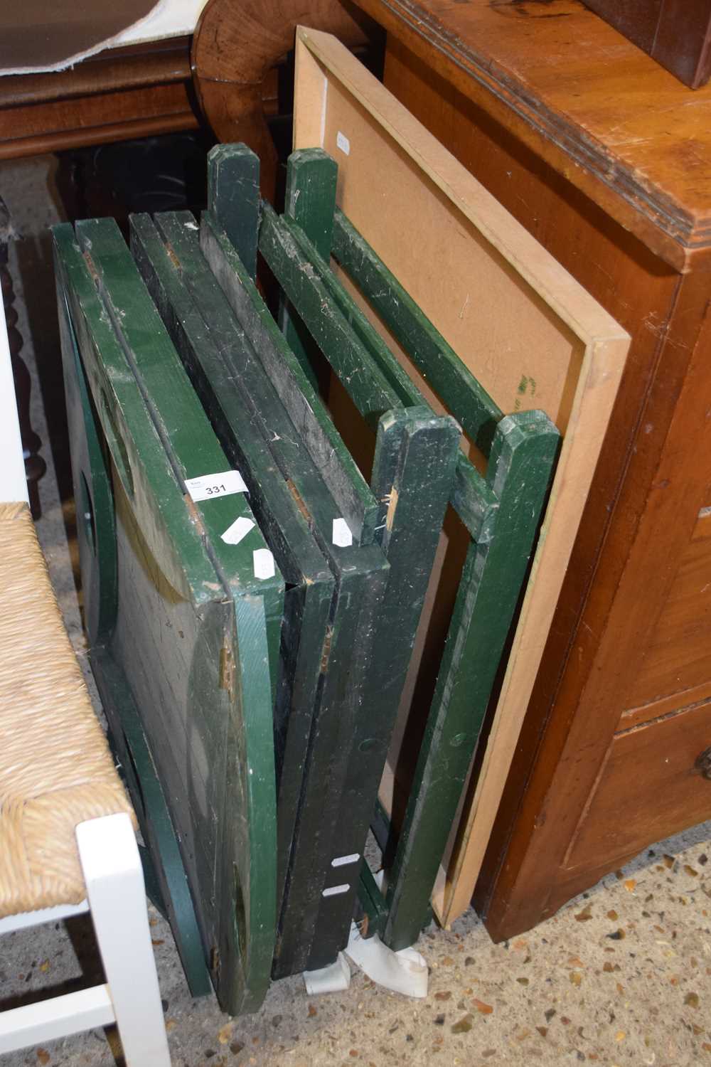 Two green painted folding tray top tables plus one other