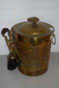 Brass coal bin with fire tools