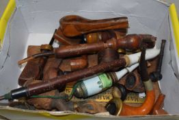 Box of various assorted tobacco pipes