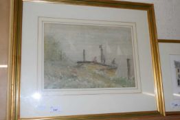 20th Century School - Figures on a Jetty with Distant Yacht, watercolour, unsigned, framed and