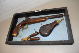 Reproduction antique pistol together with powder flask - for display purposes only