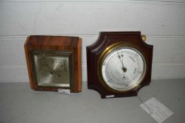 Two small hardwood cased aneroid barometers