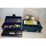 Two small boxes of fishing tackle and fishing fly tying supplies