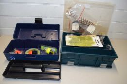 Two small boxes of fishing tackle and fishing fly tying supplies