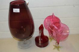 Pair of cranberry Jack in the Pulpit vases together with ruby glass jug and vase (4)