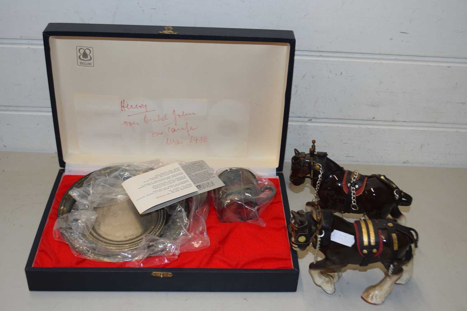 Two model shire horses and cased silver plated items