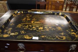 Victorian style lacquered serving tray decorated with an Oriental scene