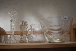 Mixed Lot: Glass jug, glass candlesticks and glass bowl