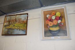 Modern still life study of flowers, oil on board together with a further modern study of a Norwich