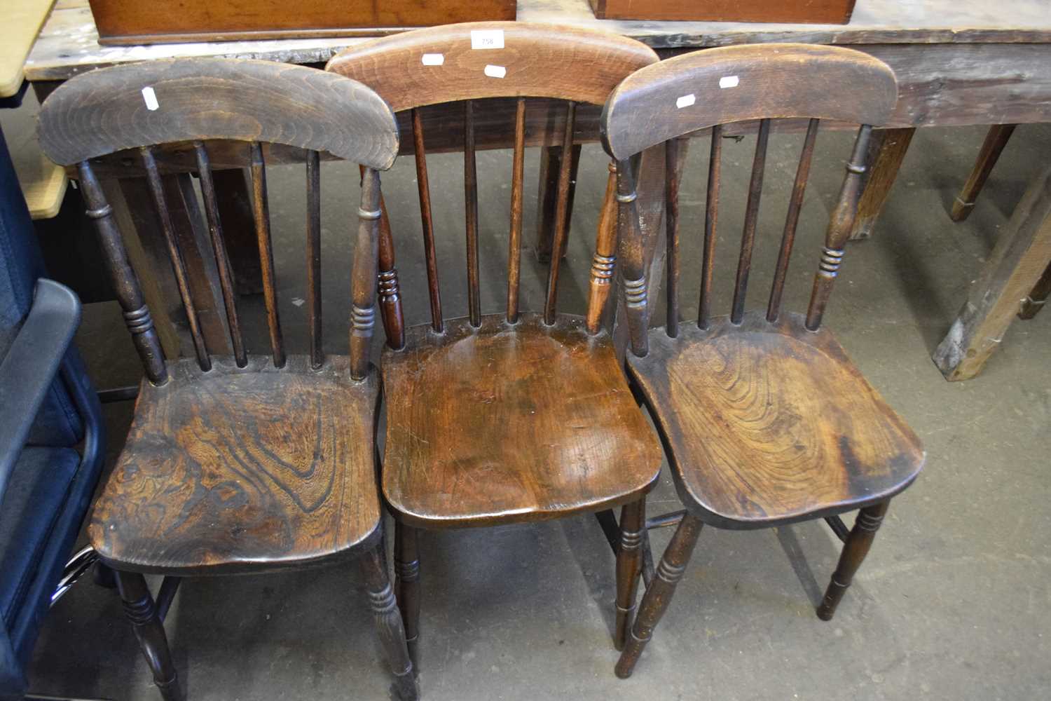 Three Victorian elm seated kitchen chairs
