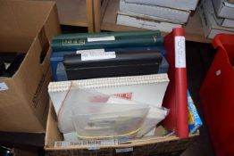 Box of various stamp albums, mainly empty plus various loose stamps and related books
