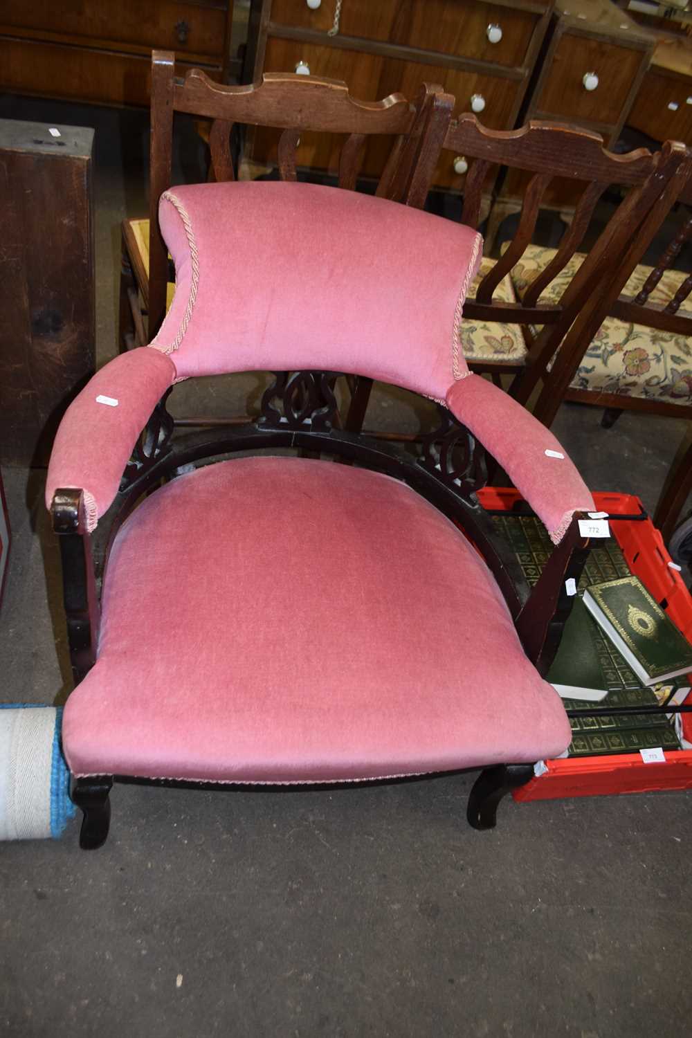 Late 19th Century pink upholstered bow back armchair