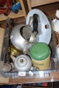 Box of various assorted vintage kitchen wares and other items