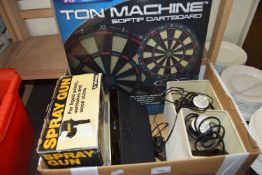 Box of mixed items to include a spray gun, dart board, table lamps etc