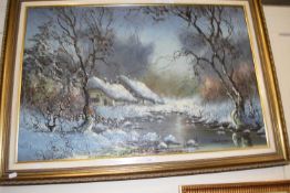 Contemporary school study of a winter scene with cottages, oil on canvas, gilt framed