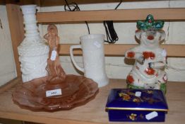 Mixed Lot: Reproduction Staffordshire model pig, a Carlton ware trinket box, a peach glass flower