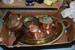 Mixed Lot: Copper and brass wares to include serving trays, kettles etc