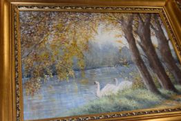 Marjorie Hall - Study of river scene with swans