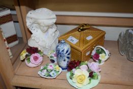 Mixed Lot: Various porcelain flowers,honeycomb box and a further modern stone figure
