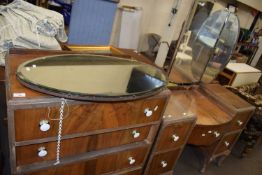 Walnut veneered dressing table and accompanying chest of drawers plus a further mirror