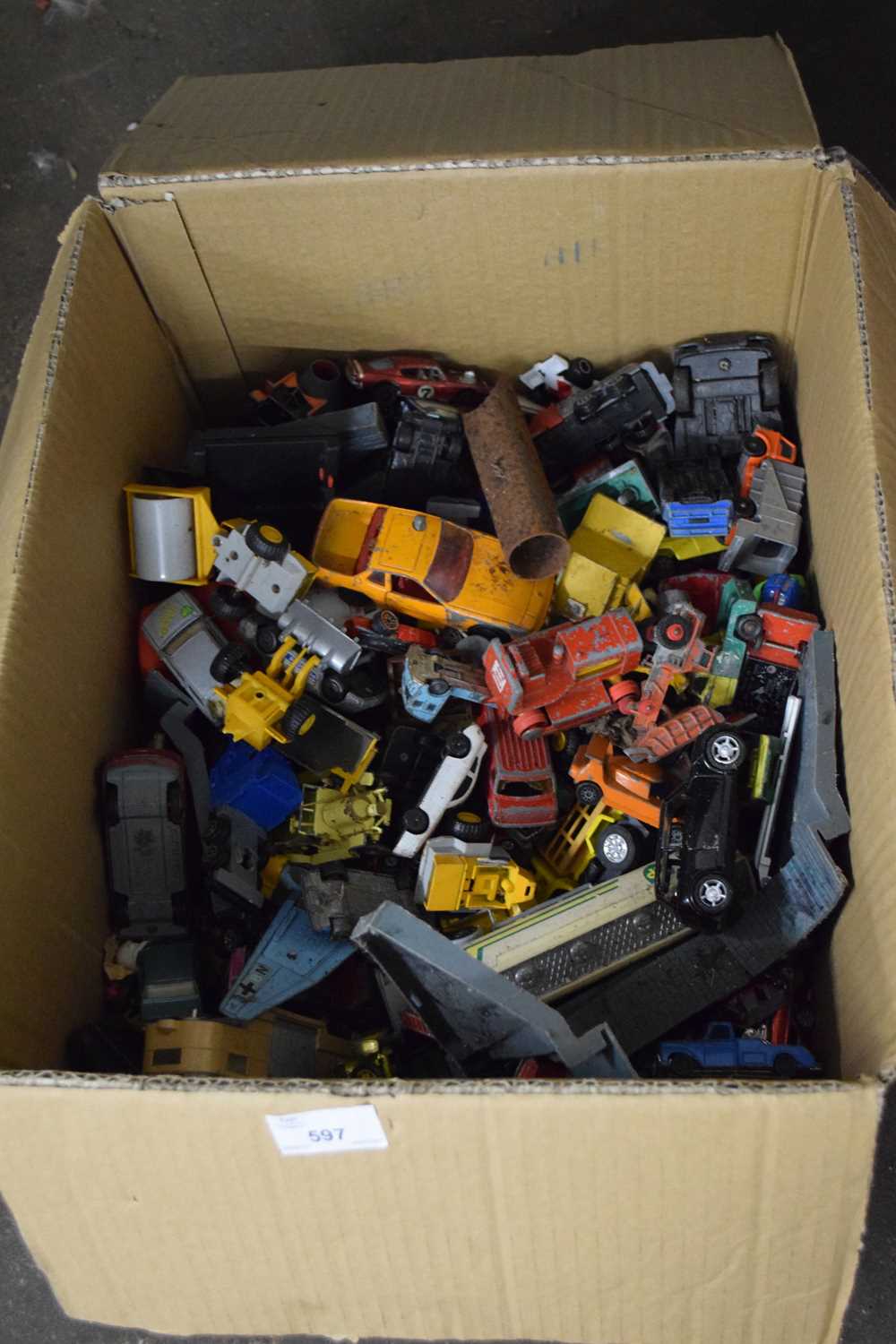 Box of various assorted toy vehicles
