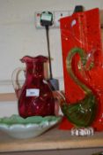 Mixed Lot: Royal Scott cranberry glass vase, further Art Glass bird, modern vase and further dish (