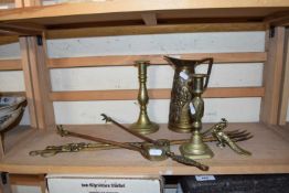 Mixed Lot: Brass candlesticks, brass fire tools, jug etc