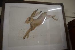 Kimberley Walker (British, contemporary), leaping hare, watercolour on laid paper, 21x29ins,