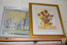 Coloured print after Van Gogh together with framed study of a rural village scene (2)