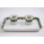 Meissen ink stand with two ink wells with green floral design (covers lacking), the stand 20cm long
