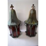 Large pair of Dutch lanterns with metal frame with a level of green verdigris adapted for