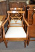 Sheraton style satinwood armchair with upholstered seat together with a matching single chair
