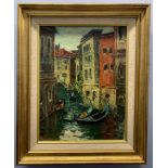 Canal punting scene, possibly Venice, oil on board, signed,14x10.5ins, 19x15.5ins inclusive of