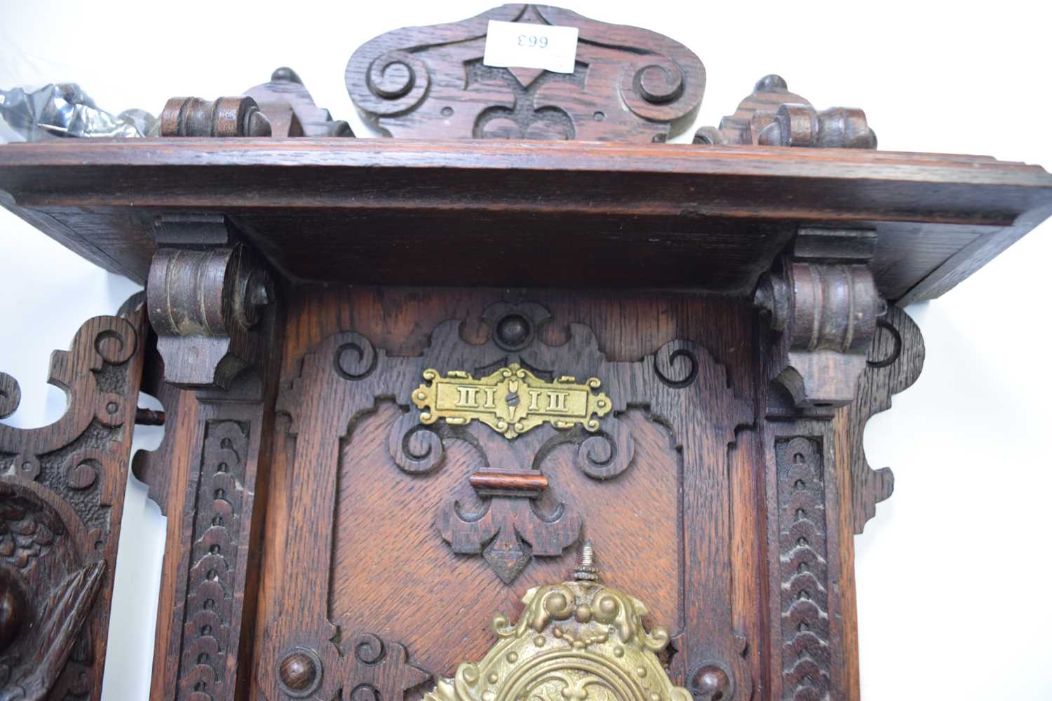 Late 19th Century German wall clock with elaborate architectural oak case with figural pediment, - Image 2 of 4