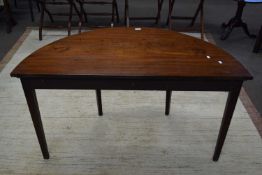 19th Century mahogany demi lune hall table raised on tapering legs, 121cm wide