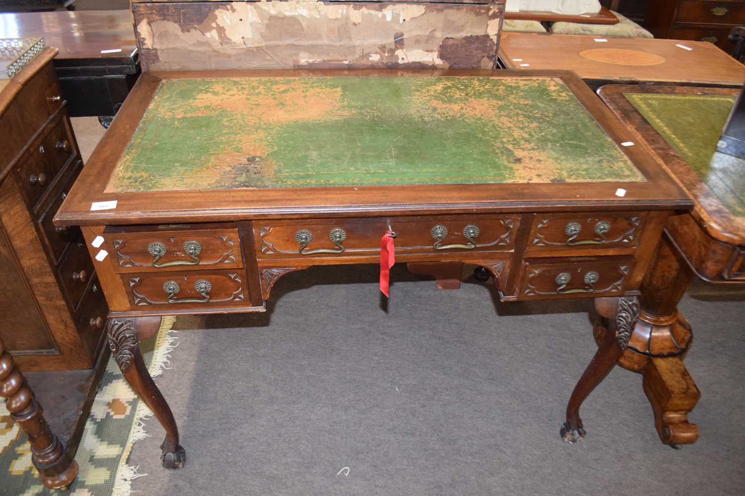 Late 19th or early 20th Century mahogany writing table with green tooled leather surface over five - Image 2 of 2