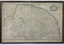 Robert Morden (British,1650-1703) 'Norfolk', hand coloured engraved map, circa 1700, framed and