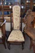 Victorian high back side chair with barley supports and carved detail with later floral