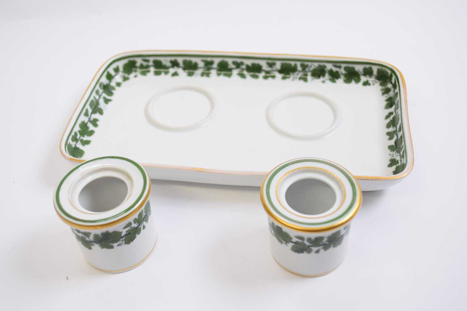 Meissen ink stand with two ink wells with green floral design (covers lacking), the stand 20cm long - Image 2 of 3