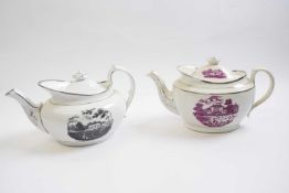 Two early 19th Century English porcelain teapots, one with black printed decoration the other with