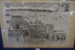 An antique black and white engraving Jesus College, Cambridge, repaired centre section laid on