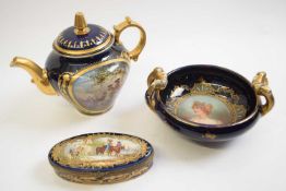 Small size Vienna type porcelain dish, teapot and small box and cover