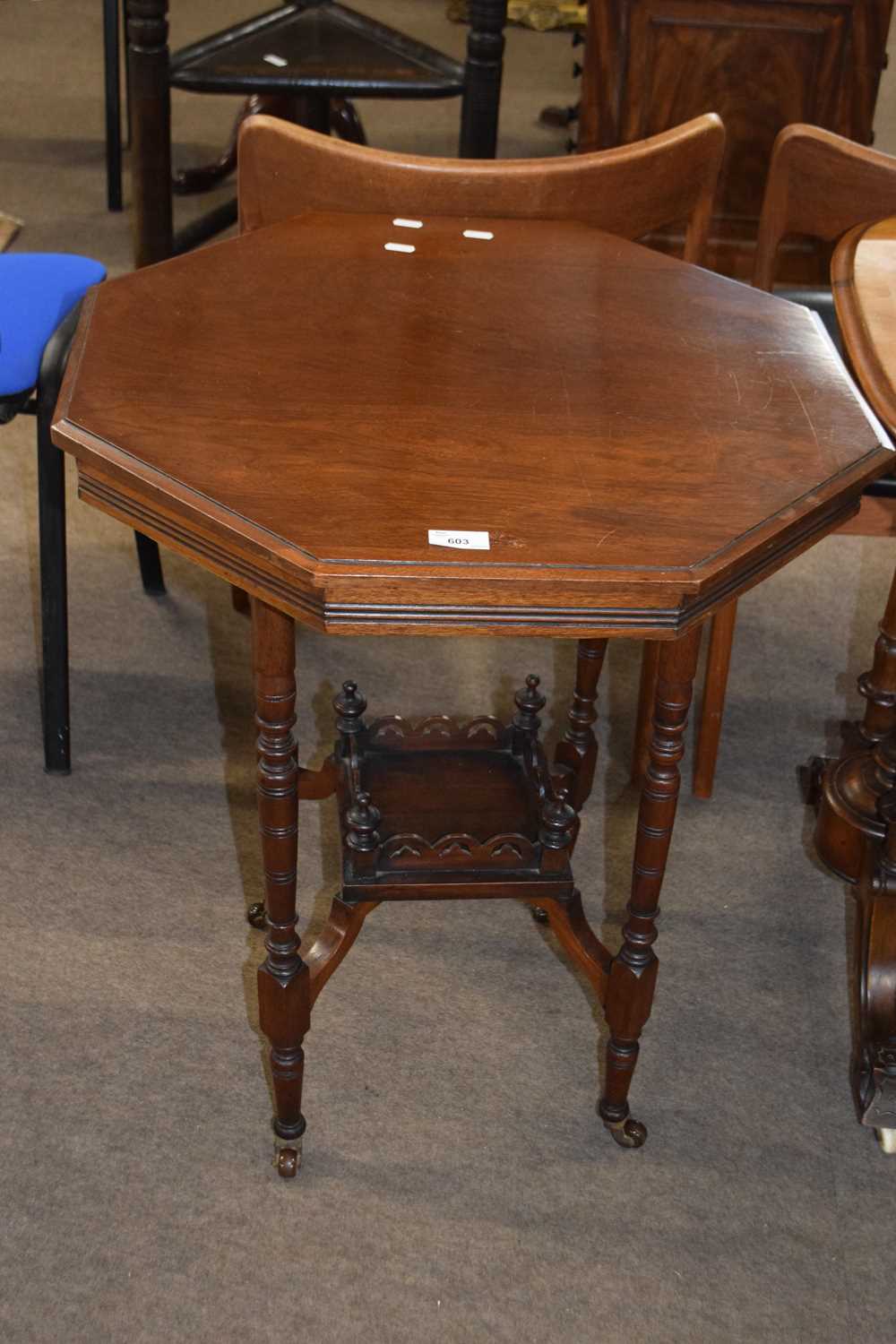 Late 19th Century mahogany octagonal centre table raised on turned legs with base shelf and casters, - Image 3 of 3