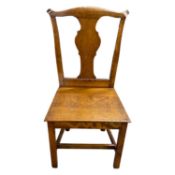 Set of four cherrywood reproduction Georgian style hard seat dining chairs with shaped splat backs