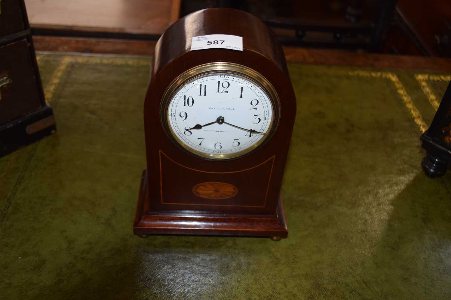 Small Edwardian mantel clock in mahogany case with inlaid detail, the face indistinctly signed - Image 2 of 2