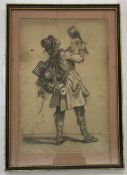 pencil sketch heightnened in white, of a male tinker figure, mounted, framed and glazed