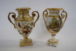 19th Century Derby vase painted with fruit together with a further vase with painted landscape