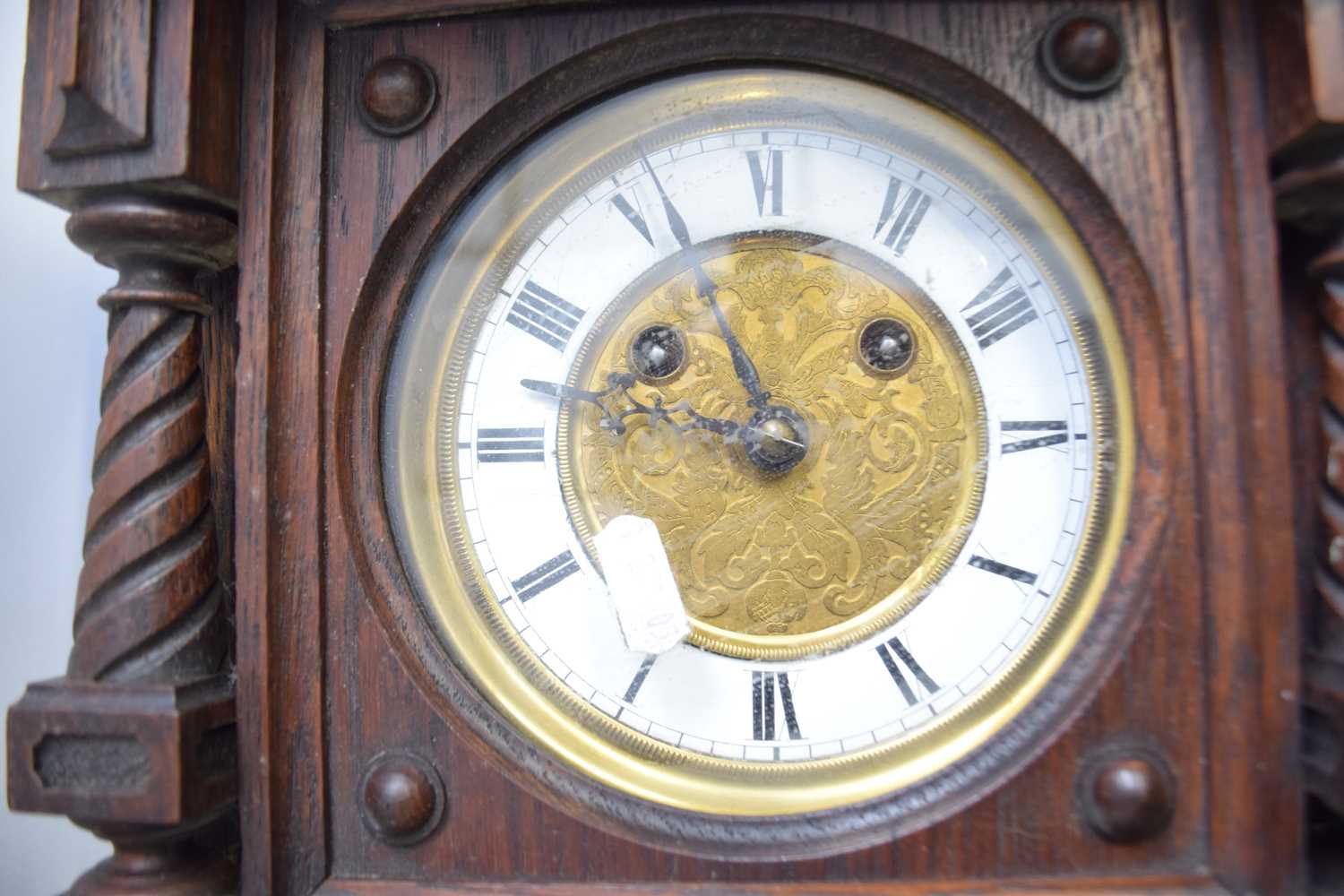 Late 19th Century German wall clock with elaborate architectural oak case with figural pediment, - Image 3 of 4